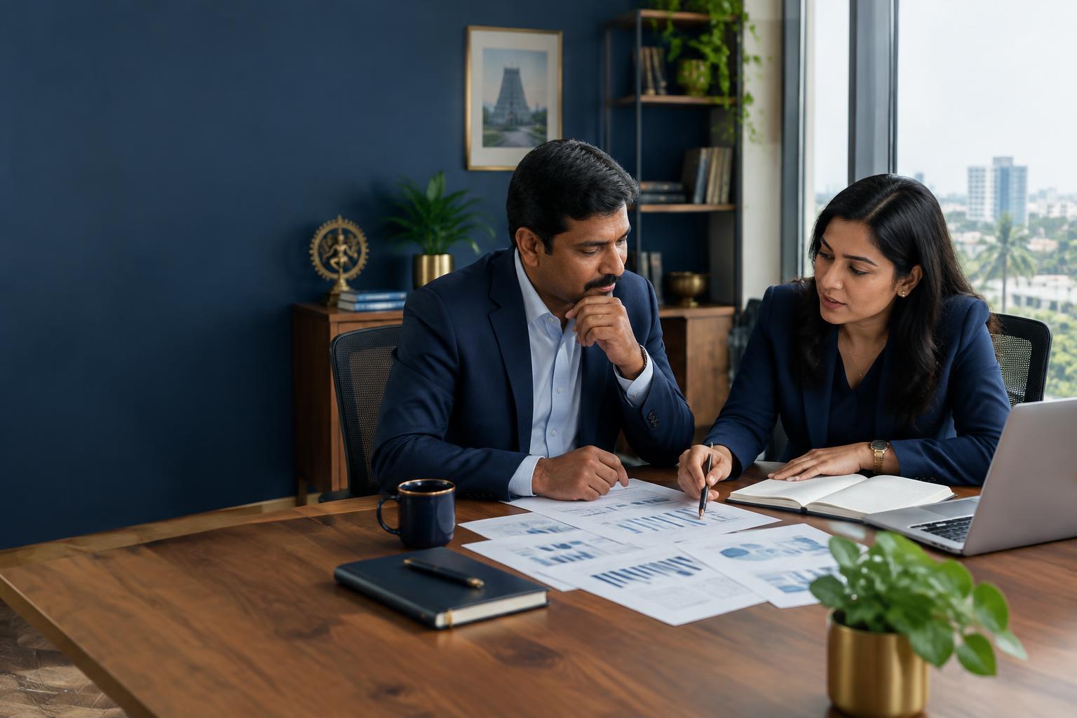 Business owner and consultant reviewing a growth plan