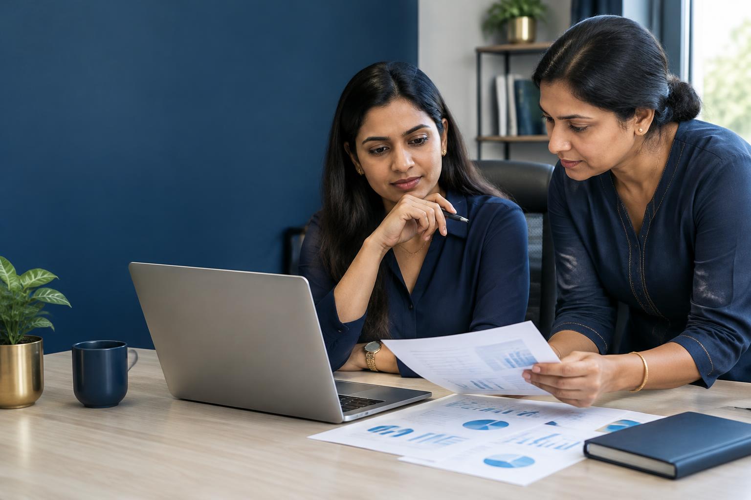 Analysts reviewing business information and performance charts