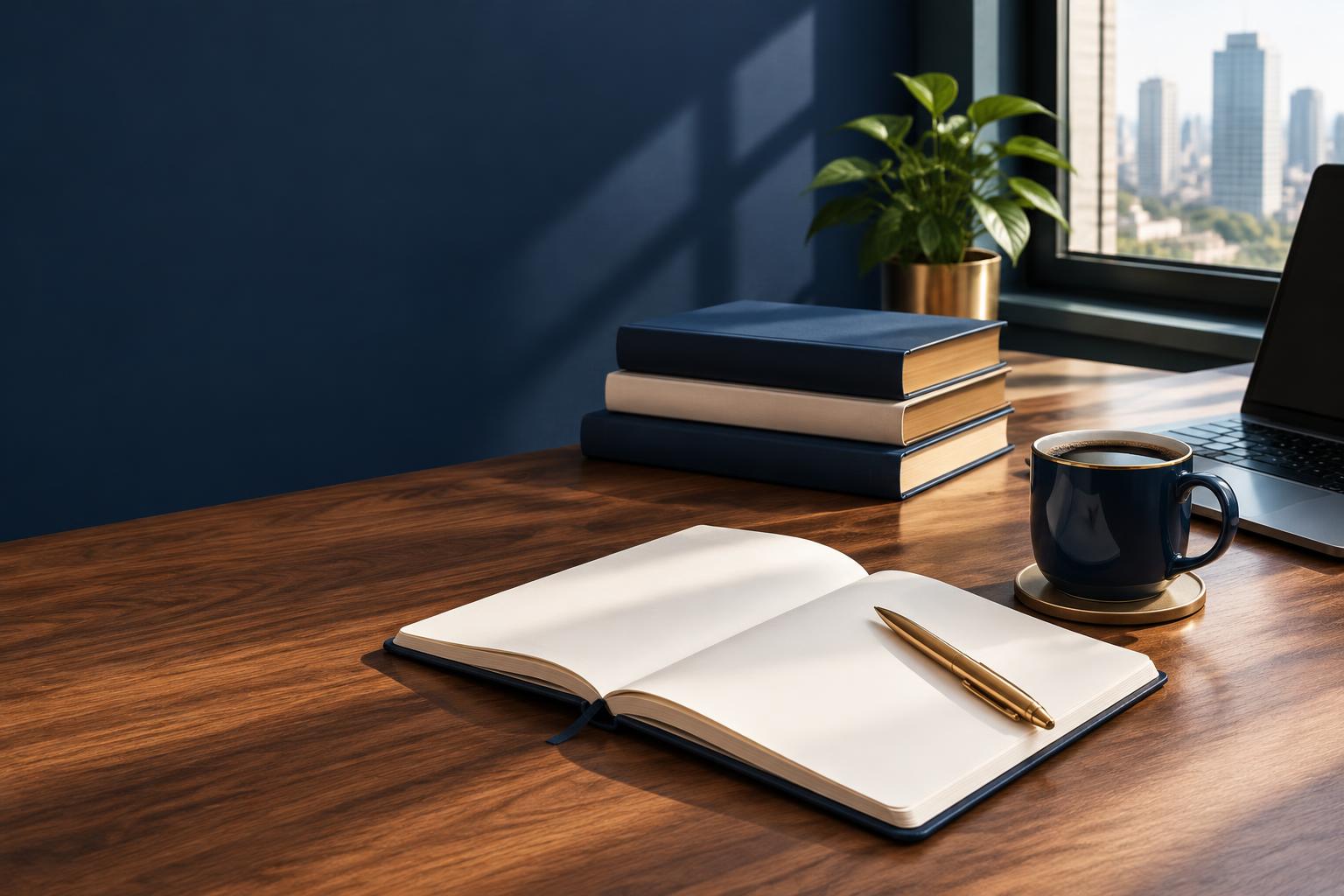 Notebook, business books and laptop on a consulting desk