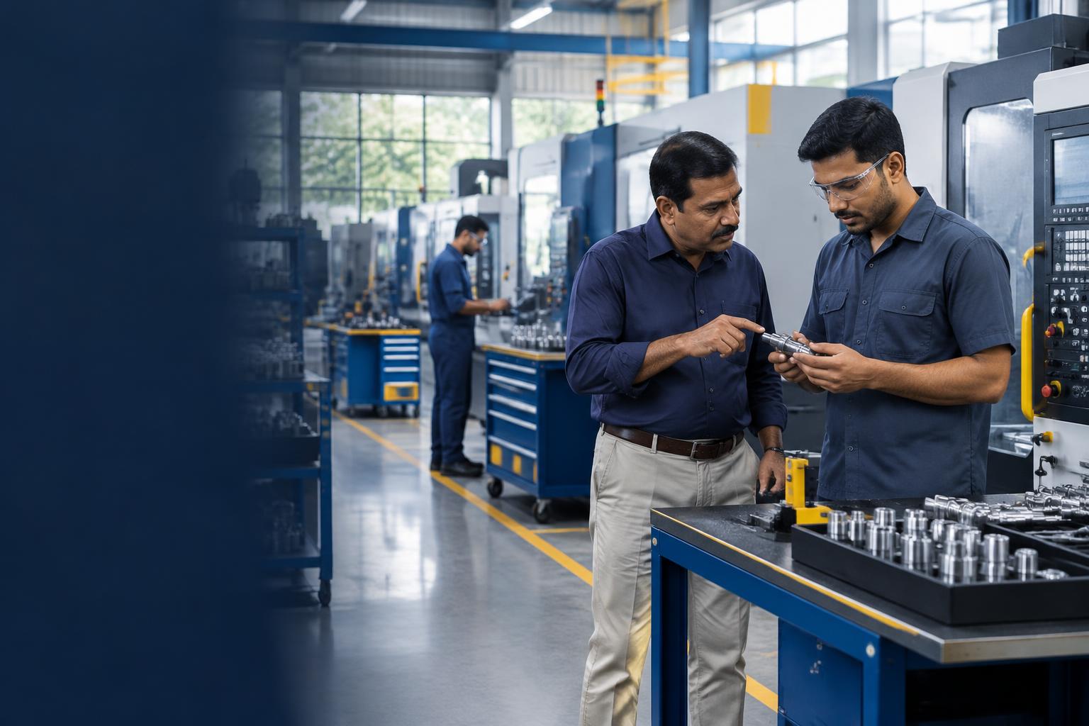 Manufacturing owner and engineer inspecting precision components